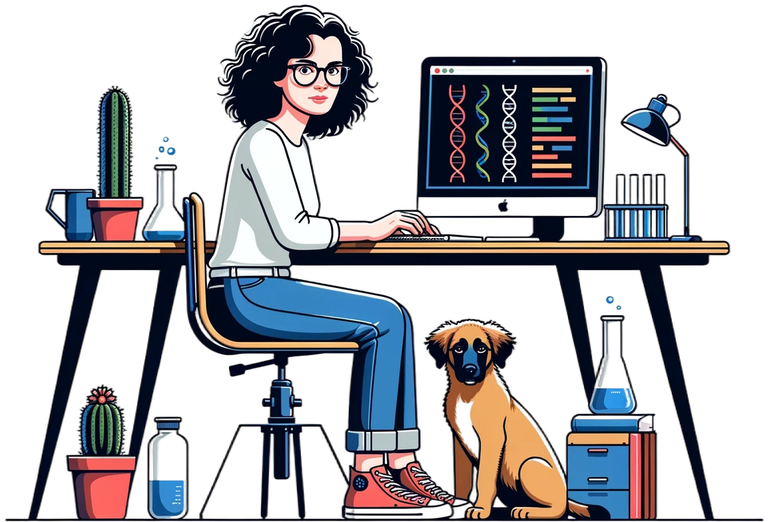 Illustration of Ida at her desk with her dog