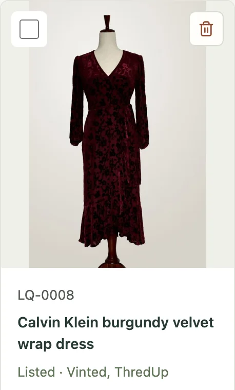 The listing in Poof: Calvin Klein burgundy velvet wrap dress, LQ-0008, Listed · Vinted, ThredUp.