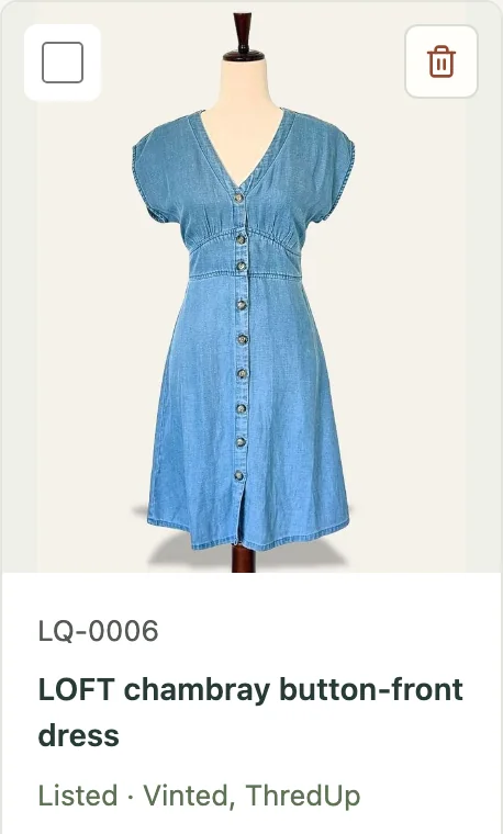 The listing in Poof: LOFT chambray button-front dress, LQ-0006, Listed · Vinted, ThredUp.