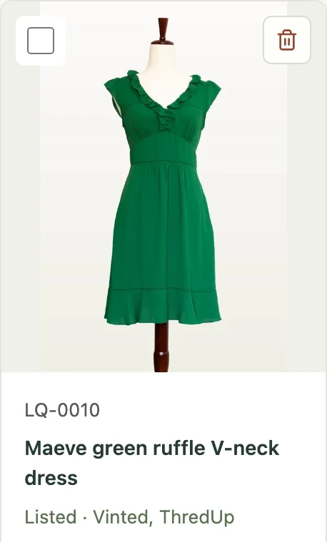 The listing in Poof: Maeve green ruffle V-neck dress, LQ-0010, Listed · Vinted, ThredUp.