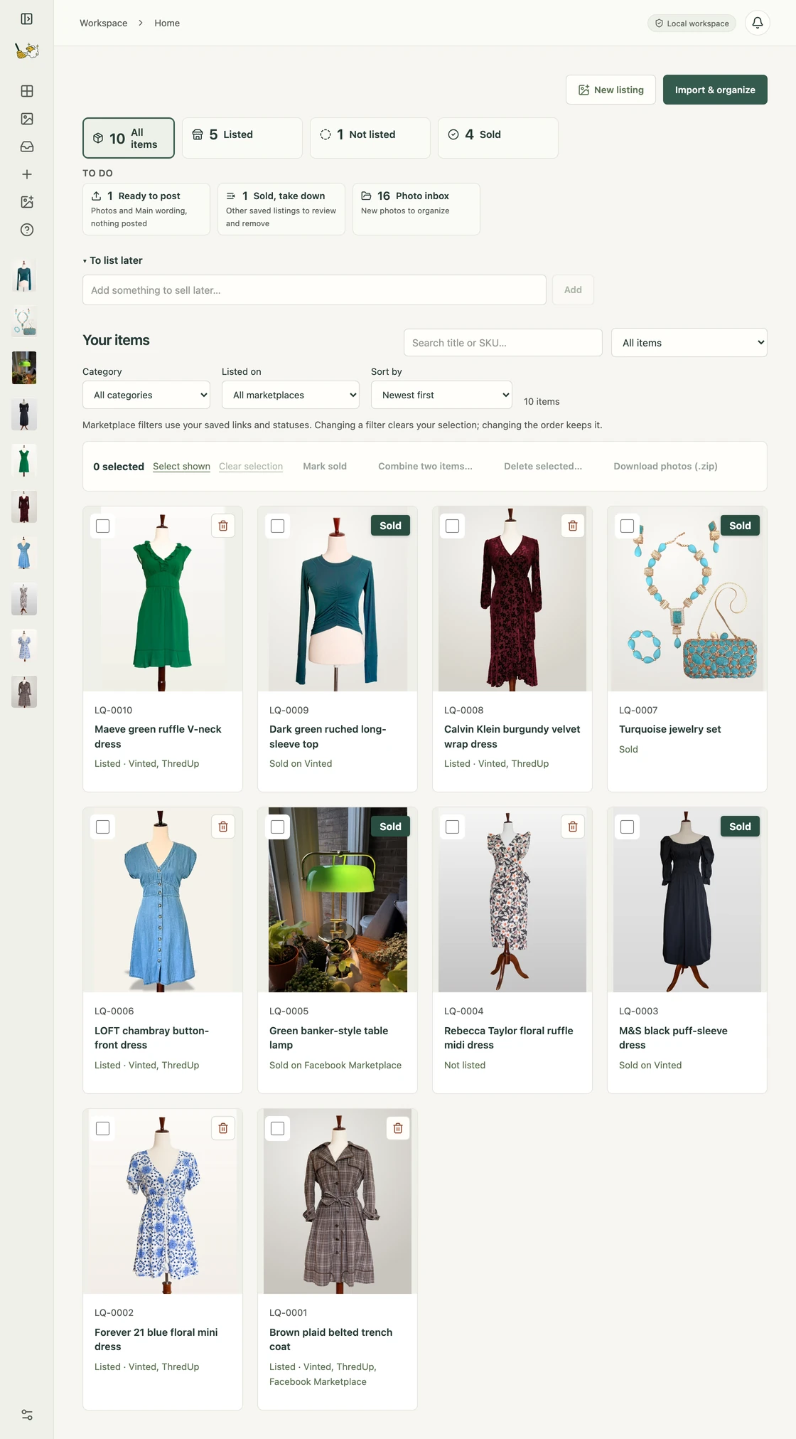 Poof's Home window: the status tiles All 10, Listed 5, Not listed 1 and Sold 4, a short To do list, and a grid of items with cover photos and codes, starting with a green ruffle dress, a dark green top (Sold), a burgundy velvet dress and a turquoise jewelry set (Sold).