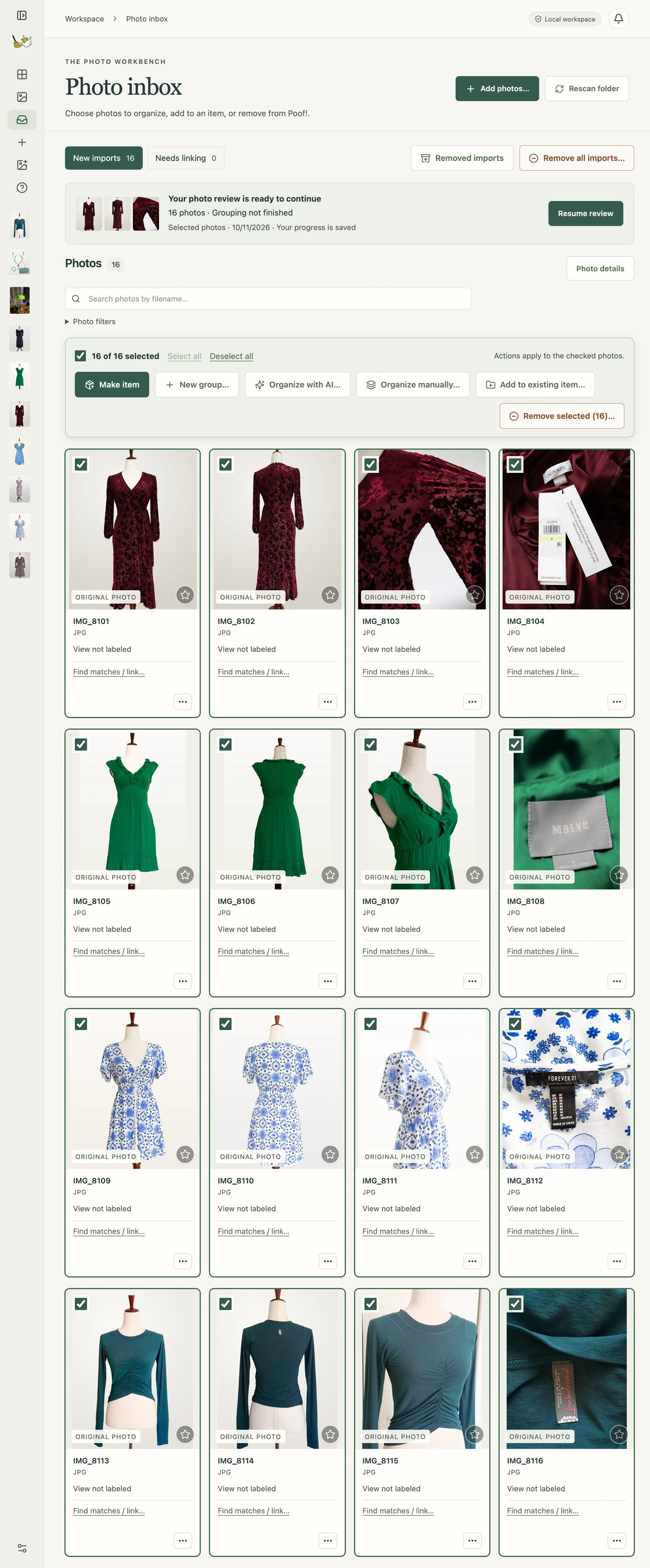 The Photo inbox: 16 of 16 new photos selected, the buttons Make item, New group, Organize with AI, Organize manually and Add to existing item, and rows of photos of a burgundy velvet dress, a green ruffle dress, a blue floral dress and a dark green top.