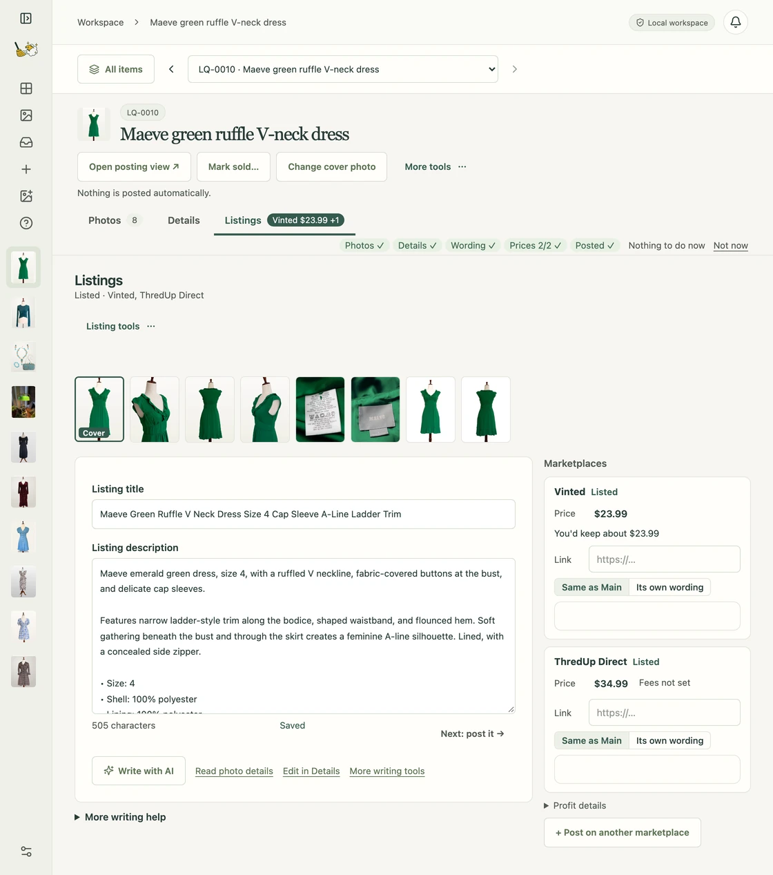 An item's Listings tab: the green Maeve dress with its code LQ-0010, its eight photos, the listing title and description, and its Vinted and ThredUp Direct listings with prices.