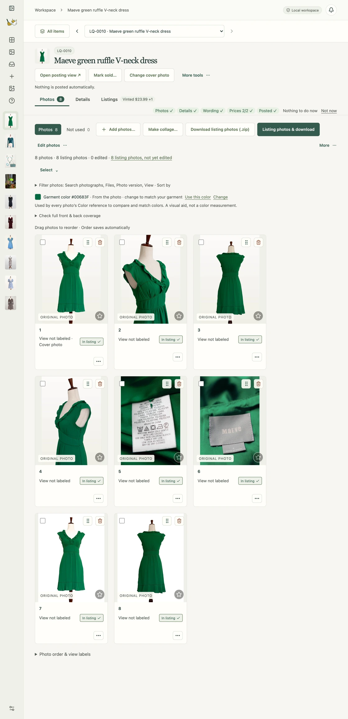 The same item's Photos tab: eight original photos of the green dress, in listing order, each marked In listing; the first is the cover.