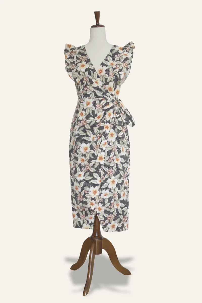 A real photo of a floral dress on a dress form, drawn by Poof's editor with your settings.