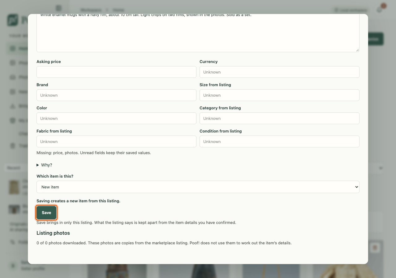 The Import a marketplace listing window