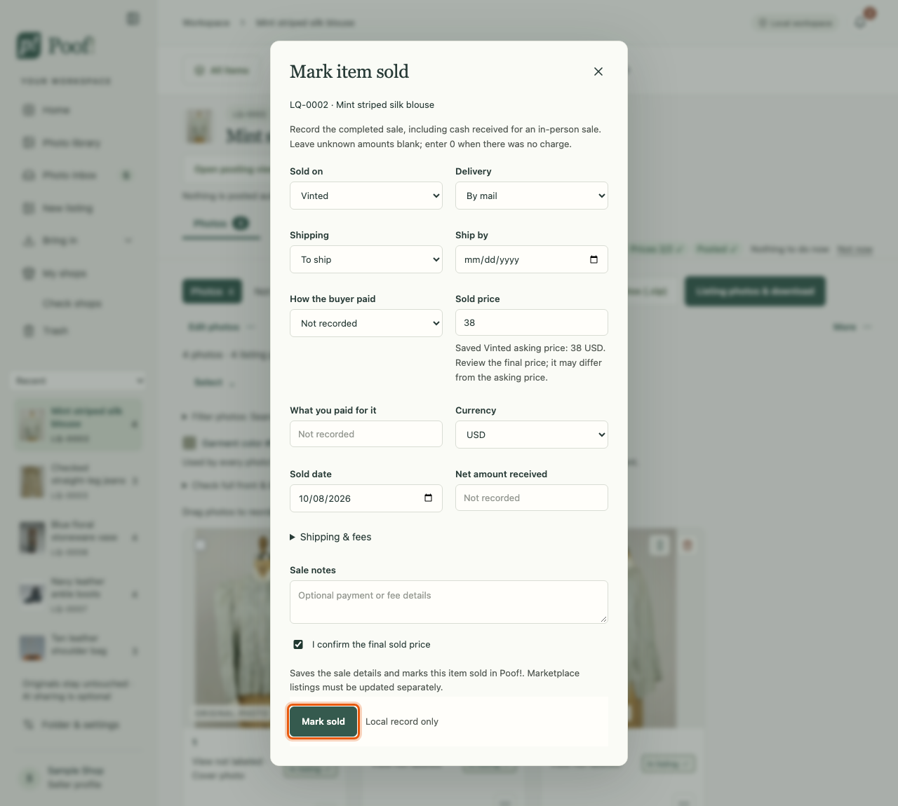 The Mark item sold form